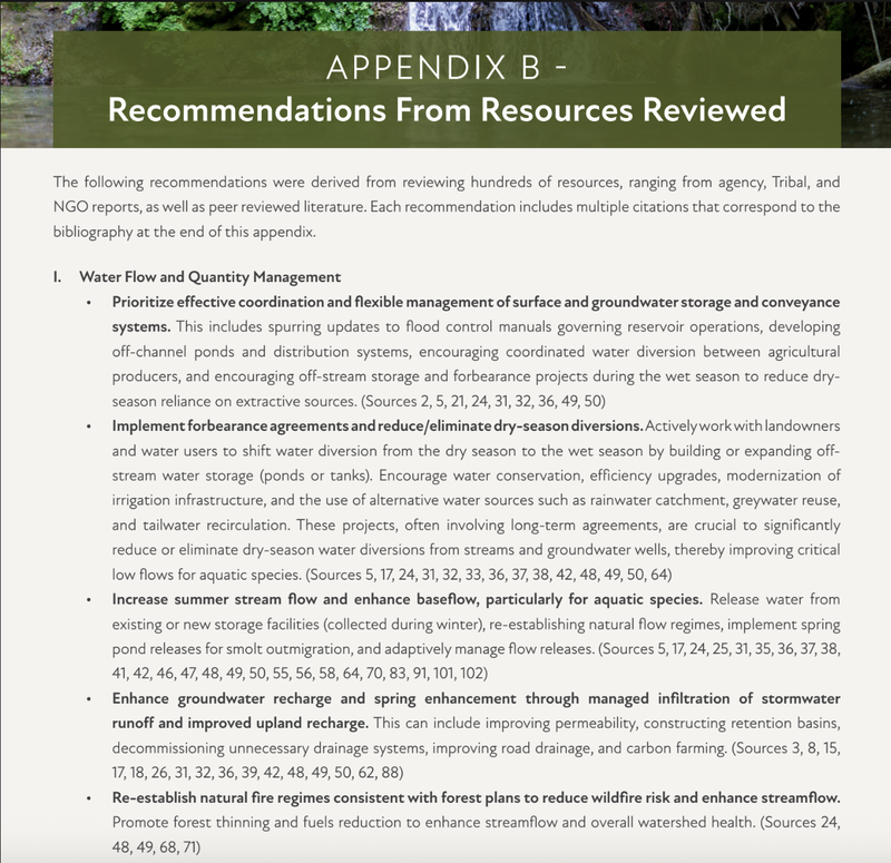 Sample page from an annotated appendix of recommendations drawn from a literature review on aquatic ecosystems and working lands, with numbered source citations