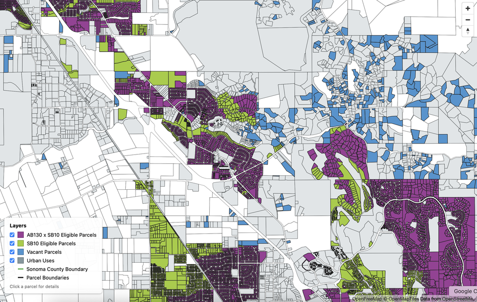Screenshot of the Sonoma County housing policy map showing AB 130 and SB 10 eligible parcels in purple and green and vacant parcels in blue, with a layers legend
